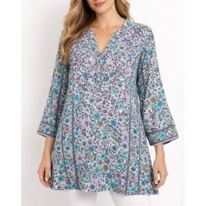 Soft Surroundings Kaftan Tunic Womens S Purple Blue Floral Top Relaxed Boho Chic